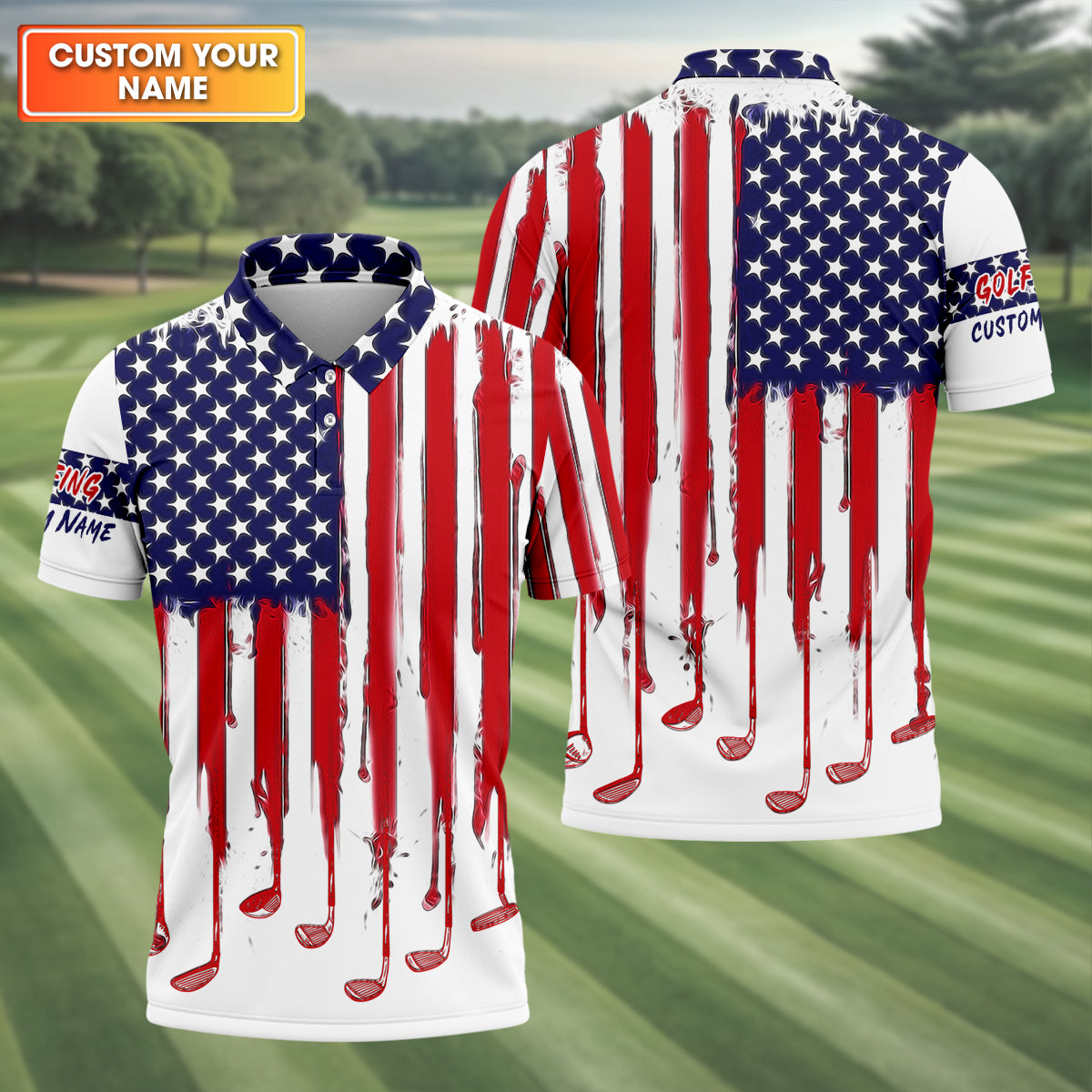 American Flag Custom Golf Polo Shirt, US Patriotic Pride Men's Golf Polo Shirt, Patriotic Golf Shirt, USA Golf Shirt