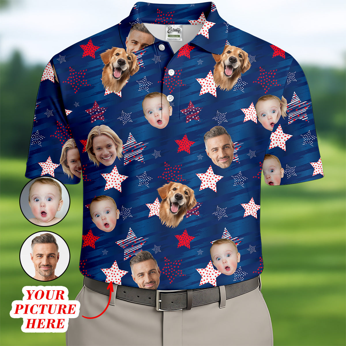 American Flag Custom Shirts With Face, Men's Golf Polo Shirt, Patriotic Golf Shirt, USA Golf Shirt