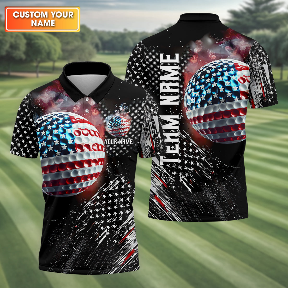 American Flag Golf Ball Funny Golf Polo Shirt, Father's Day Gifts