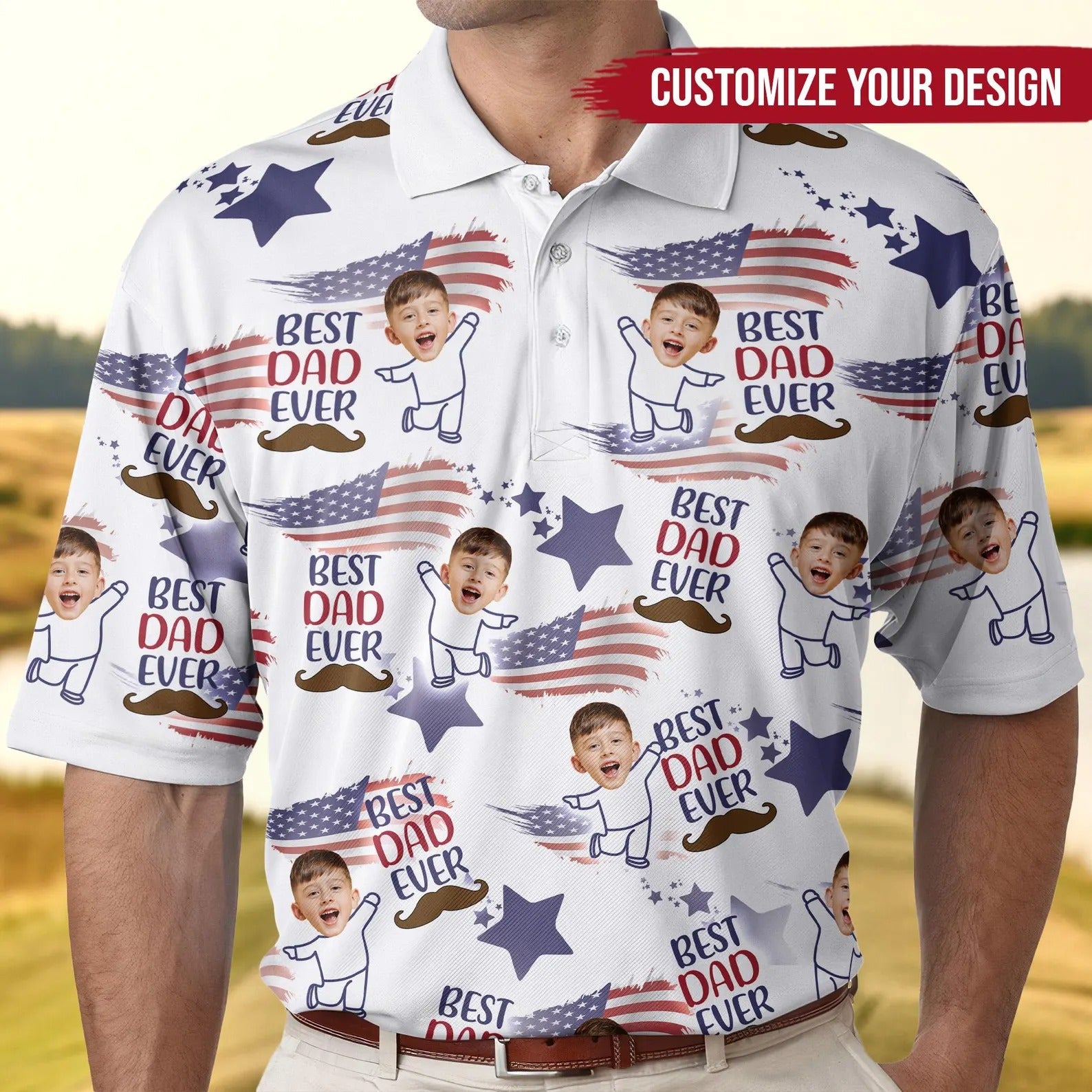 Best Dad Ever American Flag Custom Face Golf Shirt, Funny Golf Polo Shirt, Golf Father's Day Gifts