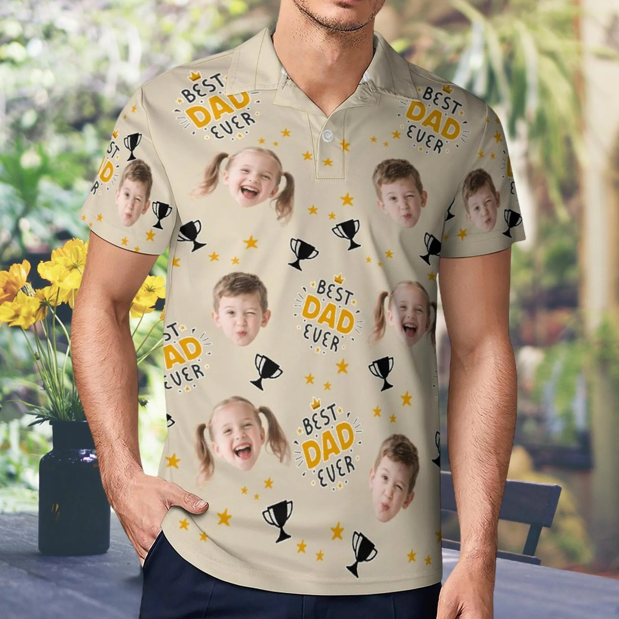 Best Dad Ever Khaki Custom Face Golf Shirt, Funny Golf Polo Shirt, Dad Golf Gift