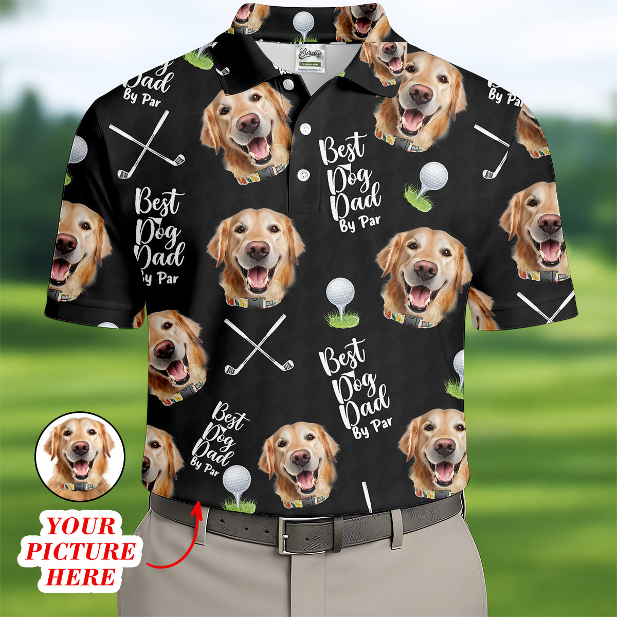 Best Dog Dad By Par Black Custom Face Golf Shirt, Funny Golf Polo Shirt, Dad Golf Gifts