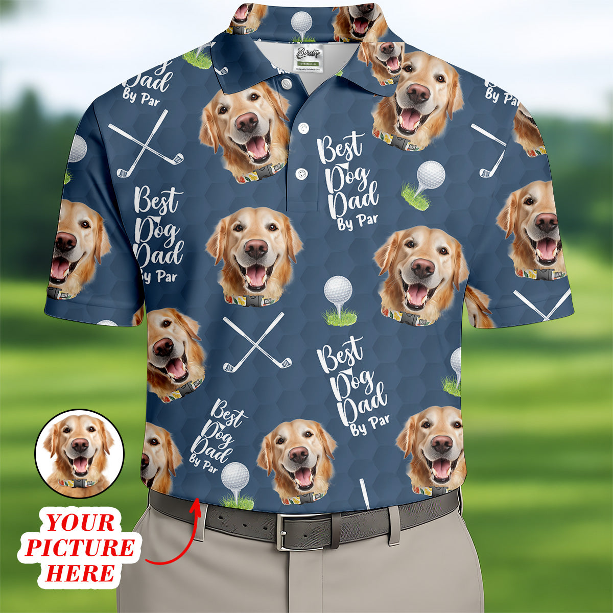 Best Dog Dad By Par Blue Custom Face Golf Shirt, Funny Golf Polo Shirt, Dad Golf Gifts