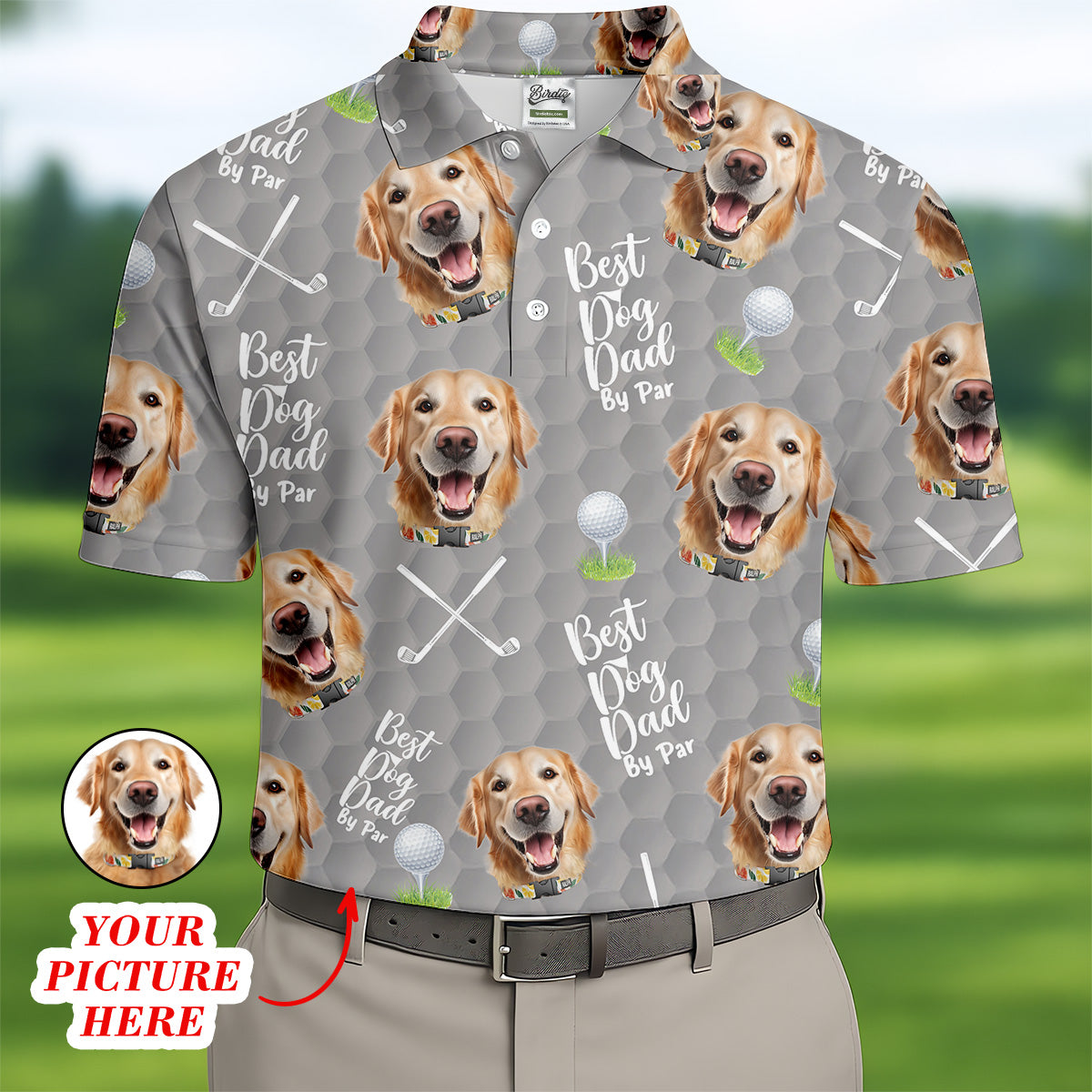 Best Dog Dad By Par Grey Custom Face Golf Shirt, Funny Golf Polo Shirt, Dad Golf Gifts