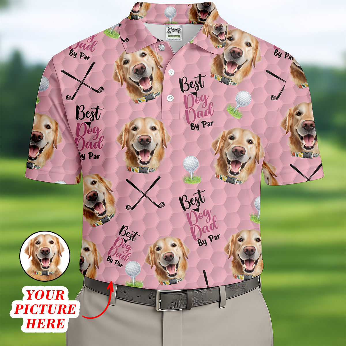 Best Dog Dad By Par Pink Custom Face Golf Shirt, Funny Golf Polo Shirt, Dad Golf Gifts