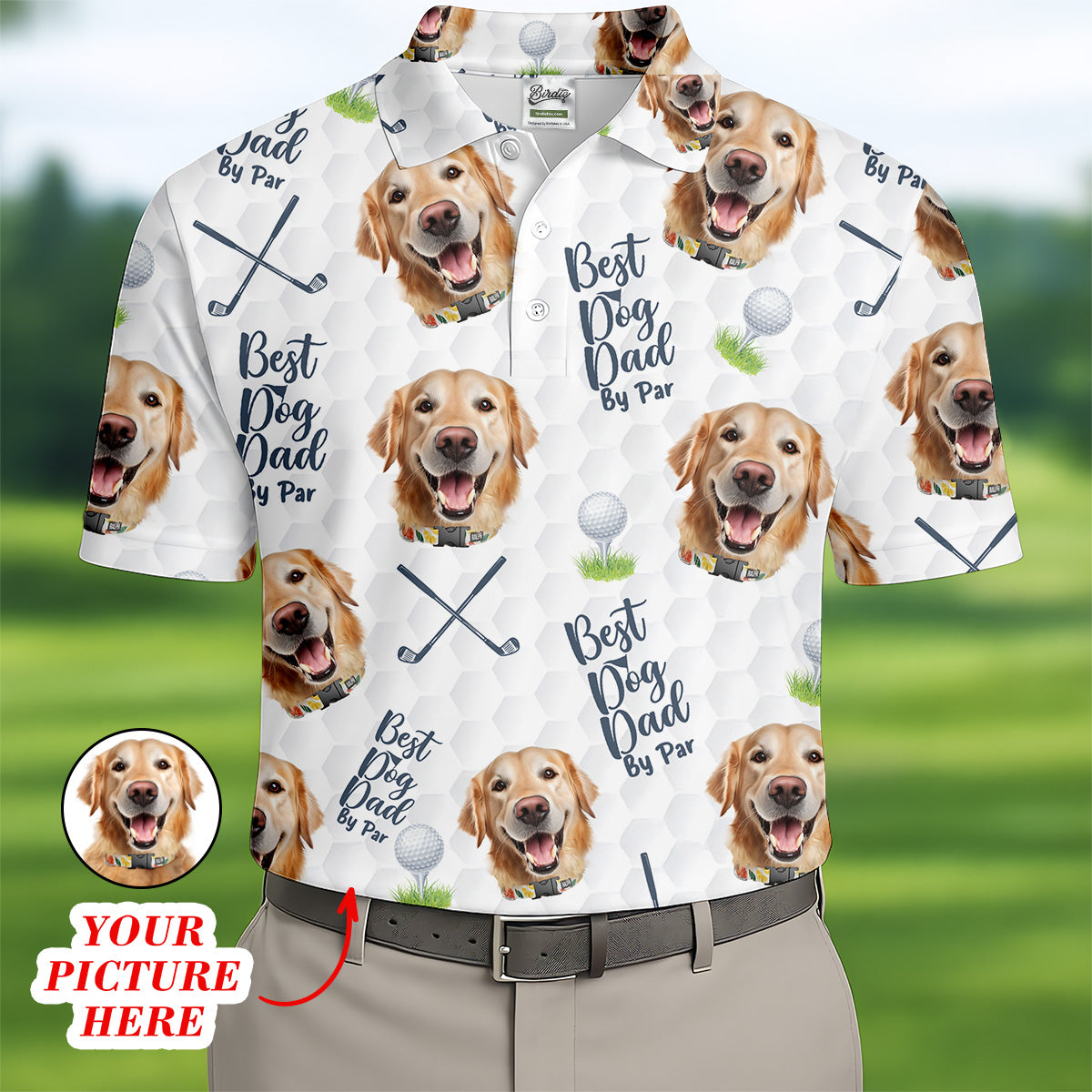 Best Dog Dad By Par White Custom Face Golf Shirt, Funny Golf Polo Shirt, Dad Golf Gift