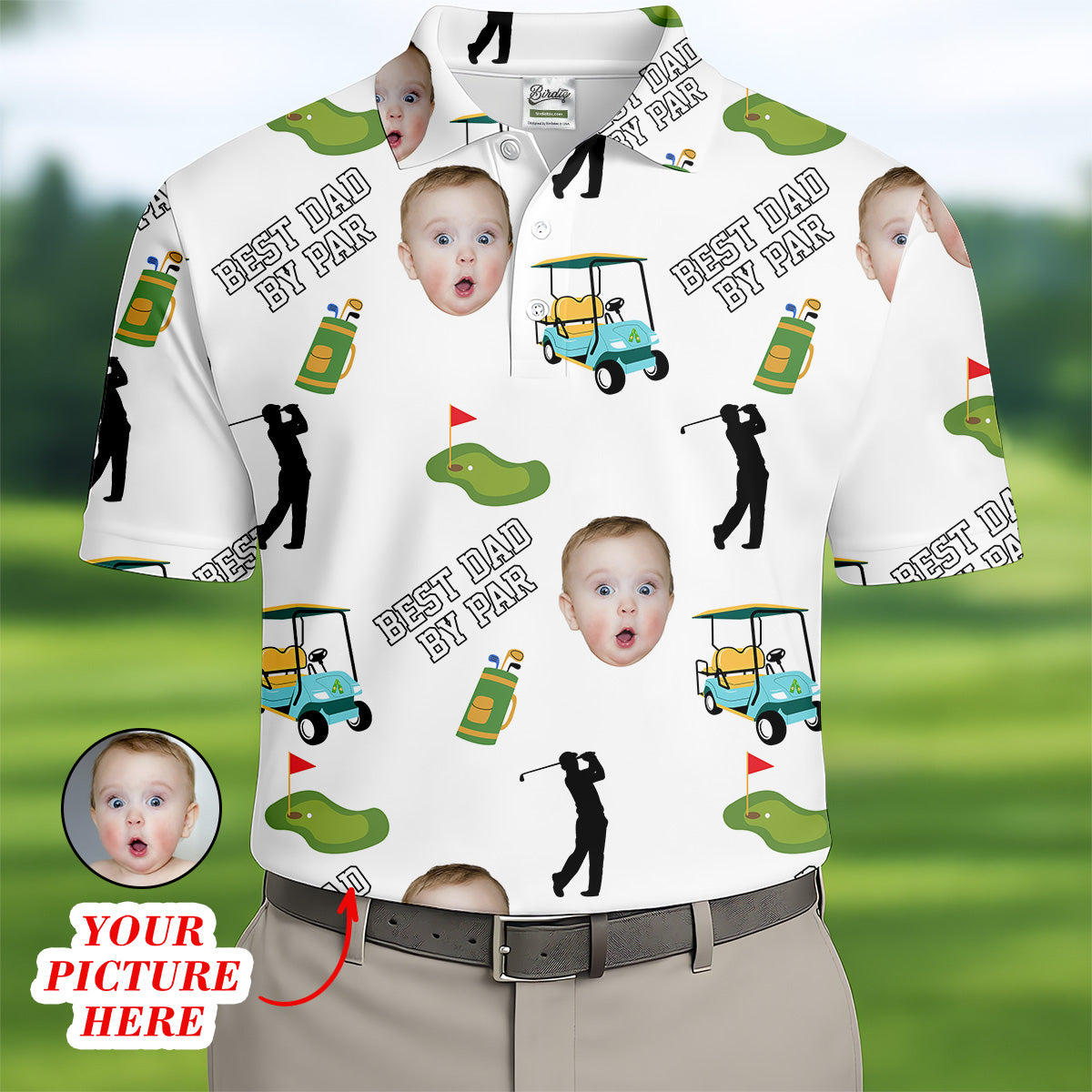Best Papa By Par Custom Face Kids Photo Funny Polo Golf Shirt, Dad Golf Shirt For Father's Day