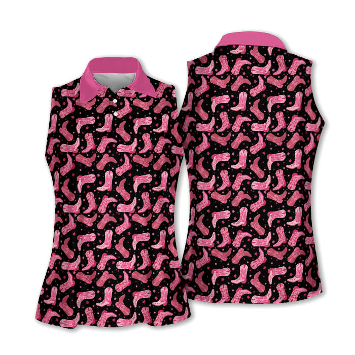 Cowgirl Black And Pink Womens Golf Polo Shirts, Western Golf Shirts Women, Patterned Golf Shirts