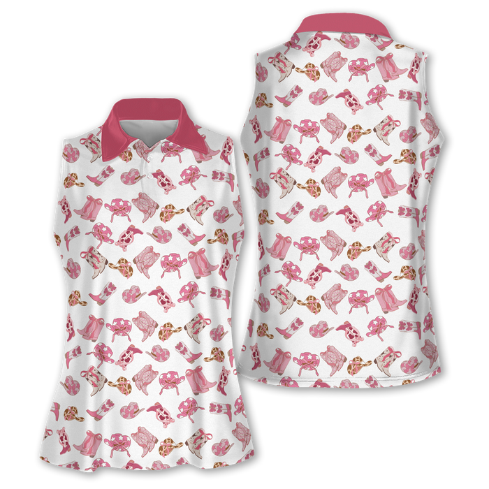 Cowgirl Sleeveless Womens Golf Shirts, Women's White Golf Shirt, Womens Golf Polo Shirts, Womens Golf Tops