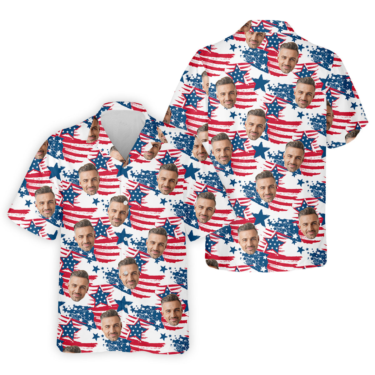 Custom America Flag Shirt With Face, Custom Face Shirt, US Patriotic Pride Unisex Tropical Hawaiian Aloha Shirt, Summer Vacation