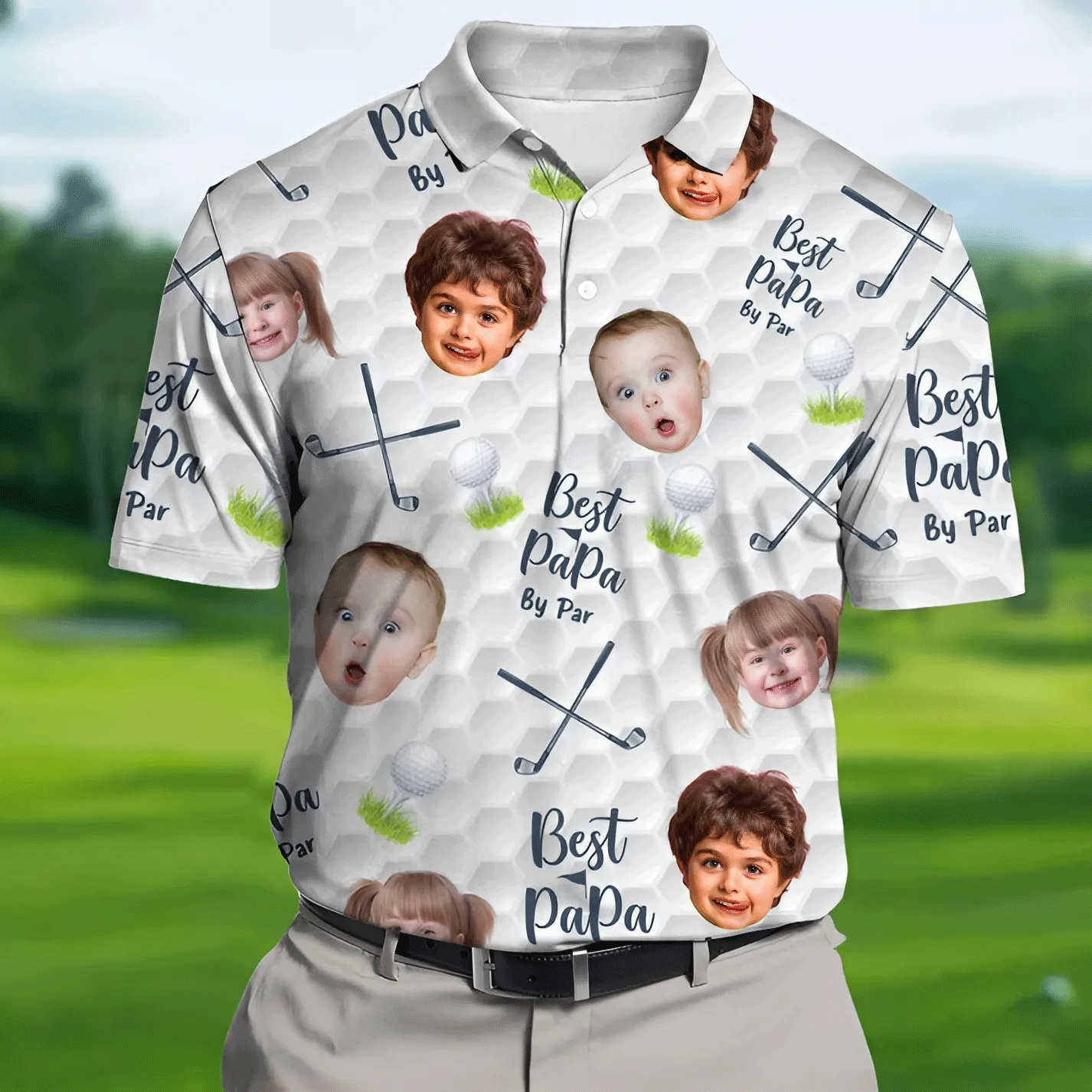 Custom Face Kids Photo, Best Papa By Par Funny Polo Golf Shirt, Dad Golf Shirt For Father's Day