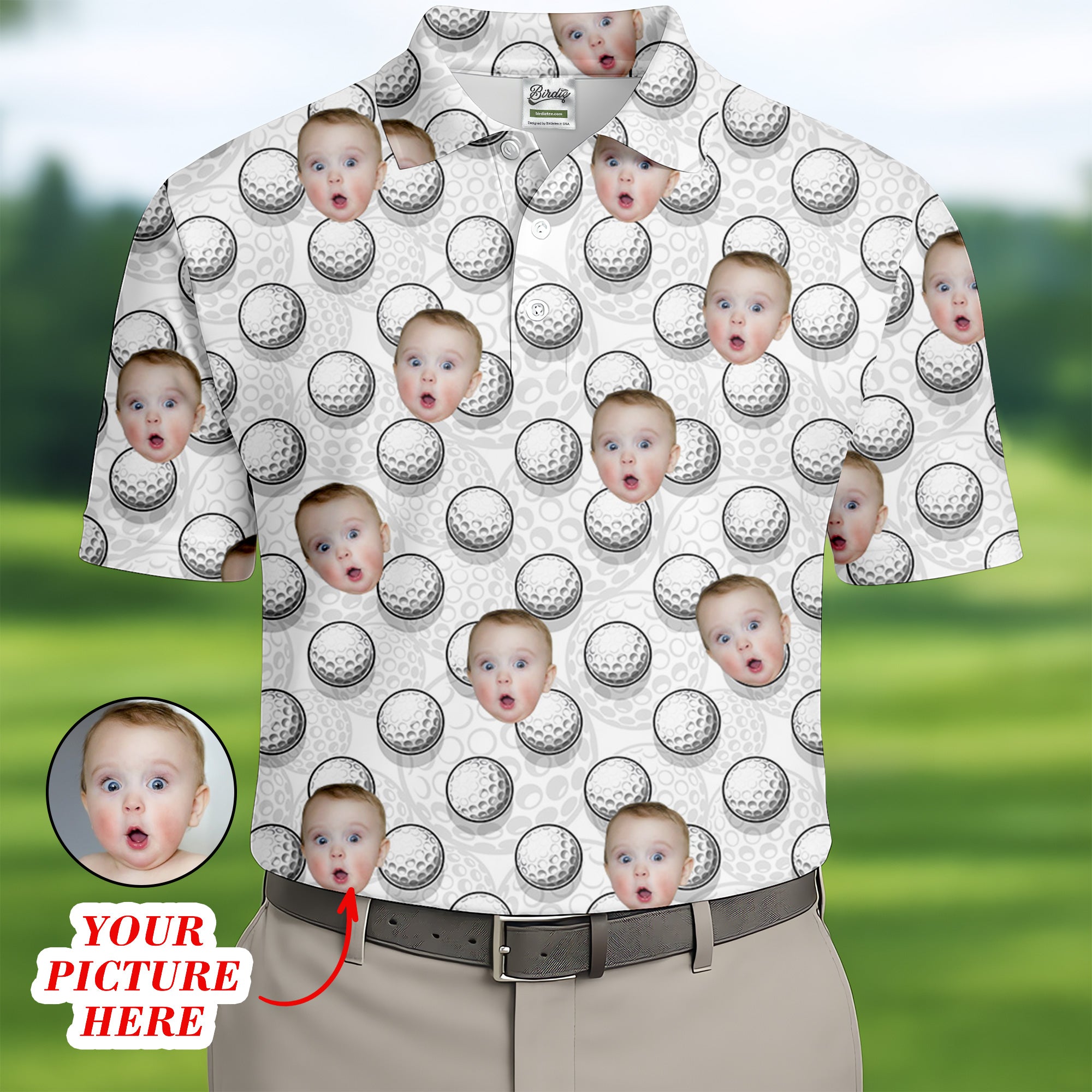 Custom Face Kids Photo, Golf Ball Pattern Funny Golf Polo Shirt, Dad Golf Shirt For Father's Day