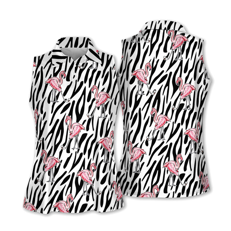 Flamingo Zebra Womens Sleeveless Golf Shirts, Flamingo Patterned Golf Shirts, Golf Gifts For Women