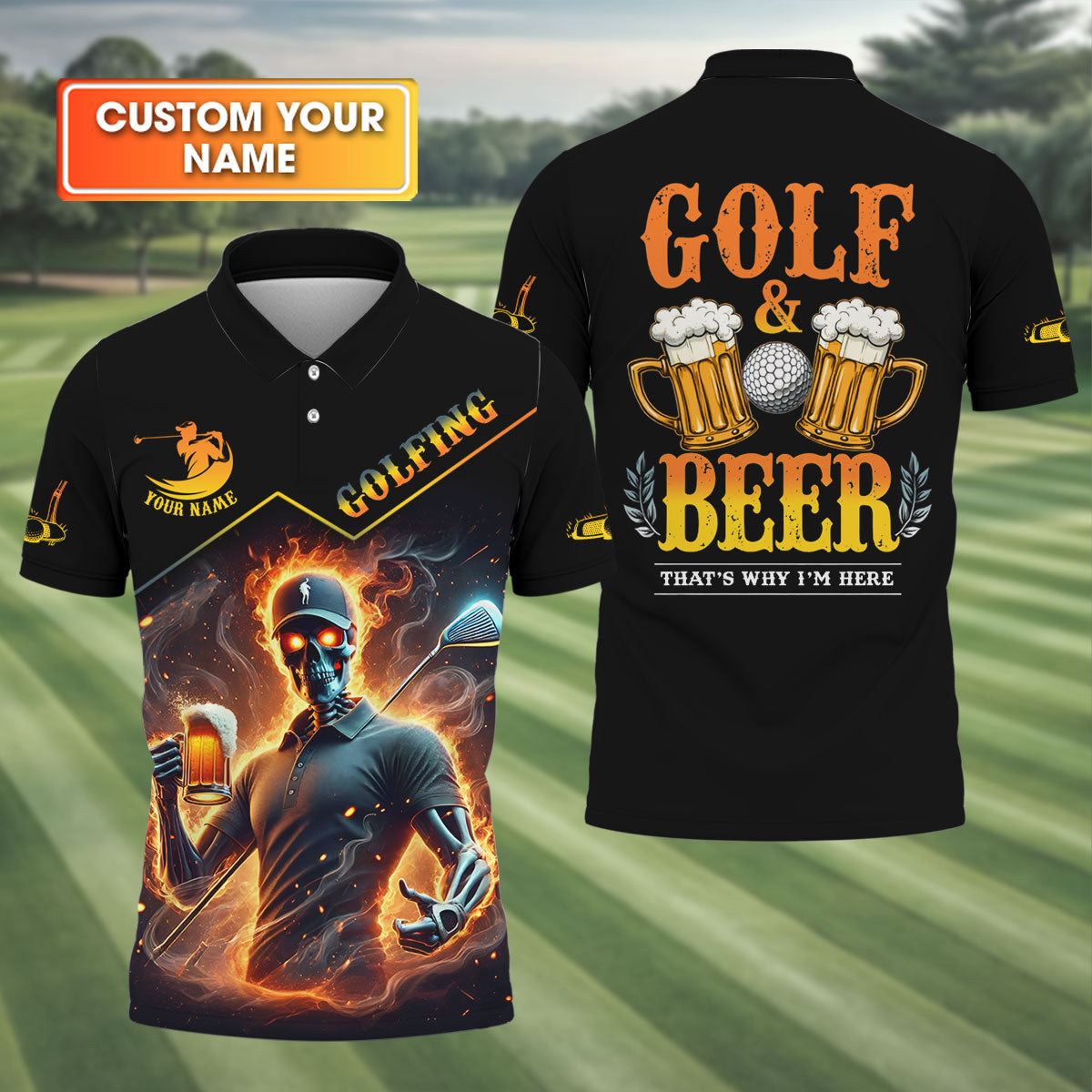 Golf And Beer Personalized Skull Golf Polo Shirt, Dad Golf Gift, Fathers Day Shirts