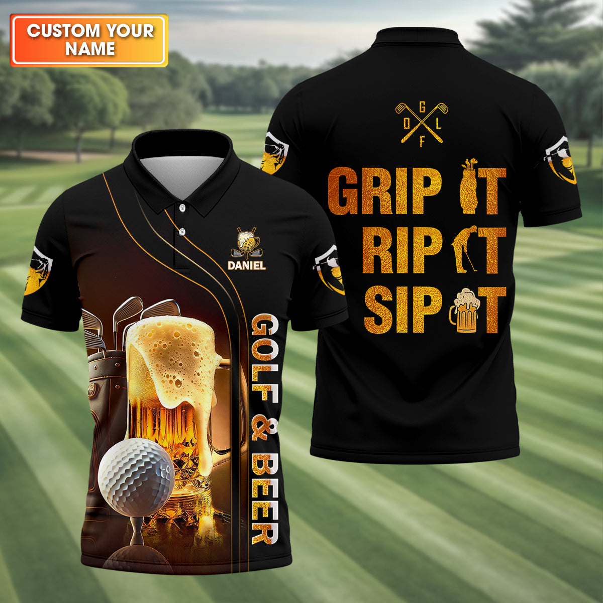 Grip It Rip It Sip It Custom Funny Golf Polo Shirt, Dad Golf Gifts