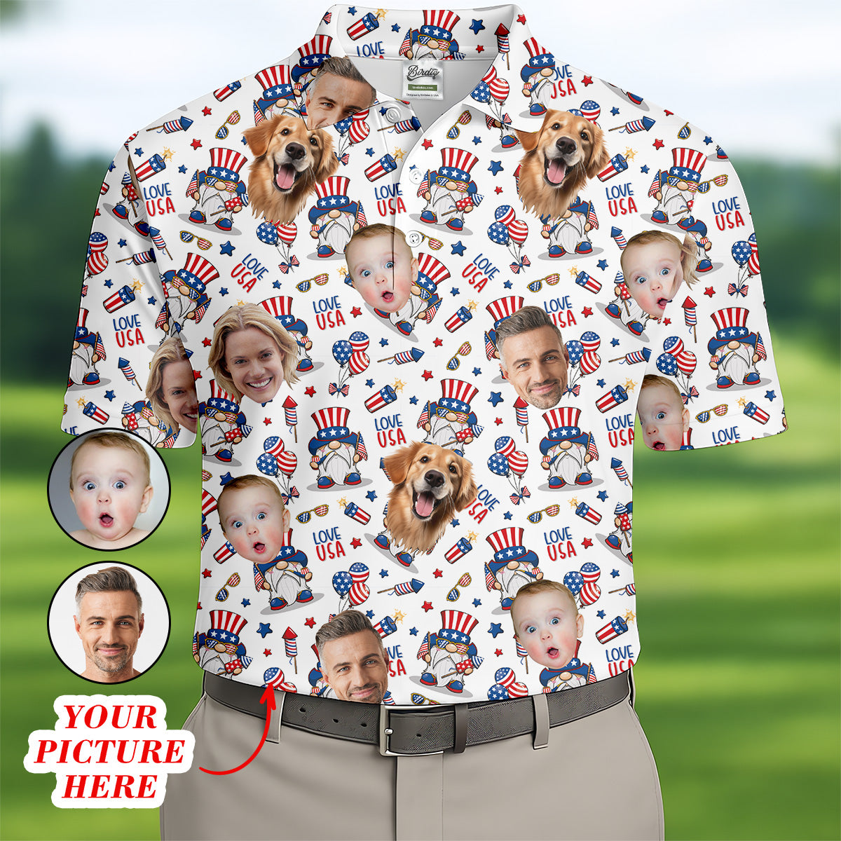 Love USA 4th Of July Custom Face Shirts, Men's Golf Polo Shirt, Patriotic Golf Shirt, USA Golf Shirt