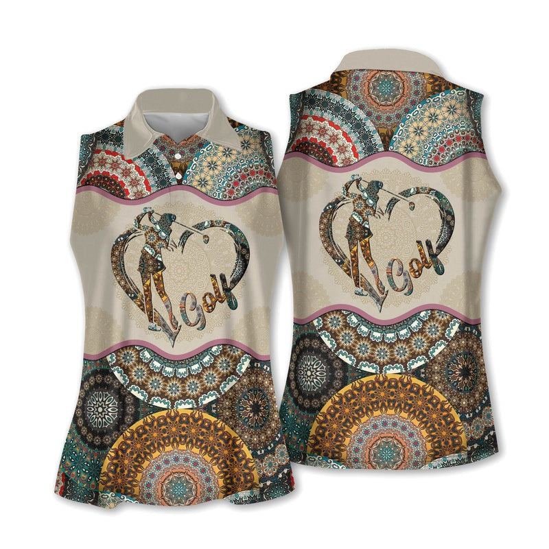Mandala Sleeveless Womens Golf Shirts, Mandala Golf Shirt For Women, Patterned Golf Shirts