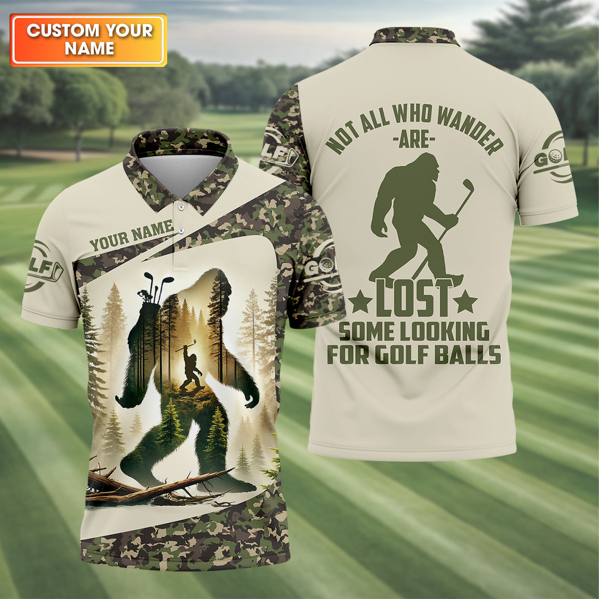Not All Who Wander Are Lost Bigfoot Custom Men's Golf Polo Shirt, Golfing Apparel, Golf Gifts For Men