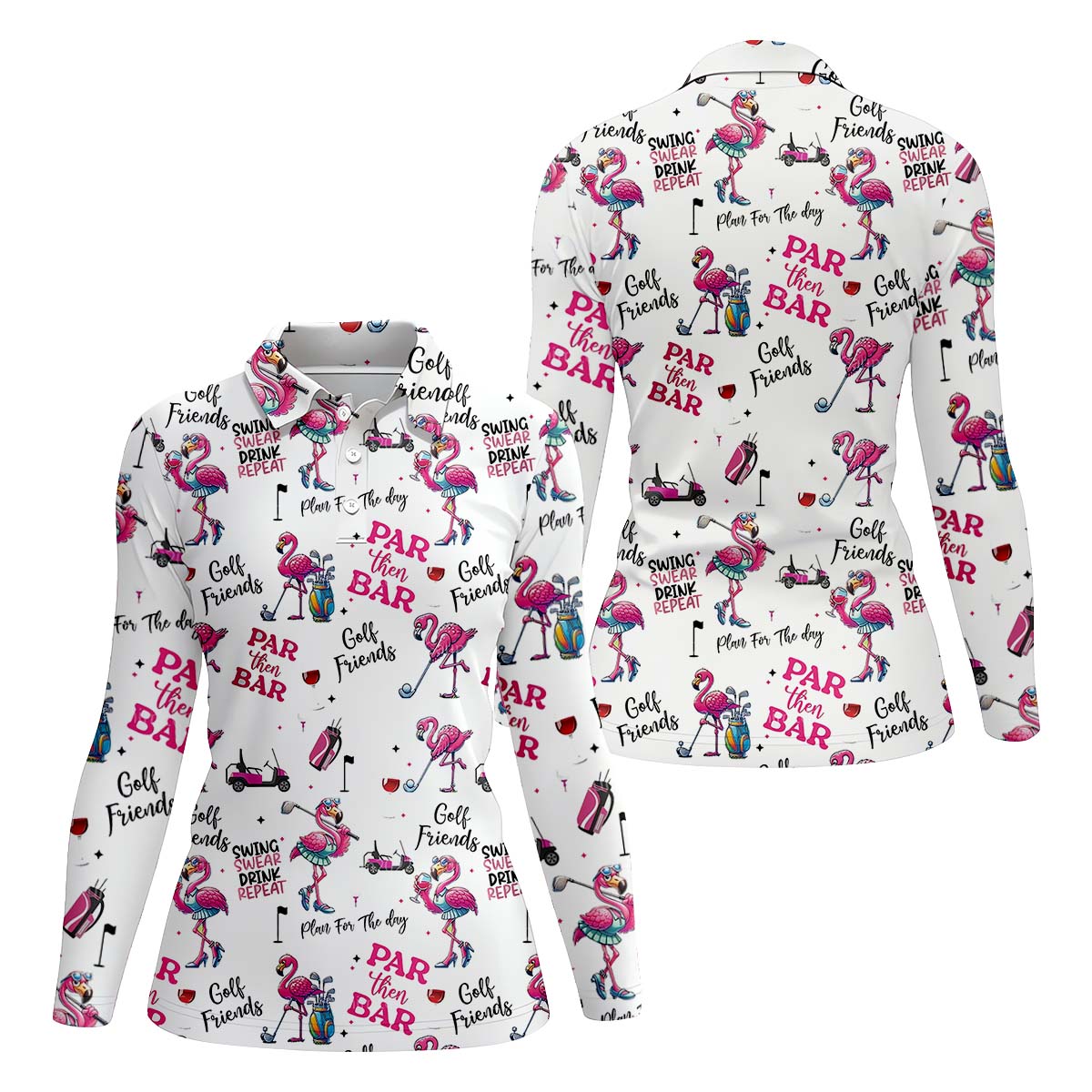 Par Then Bar Flamingo Long Sleeve Polo Womens, Custom Ladies Golf Polos Shirt