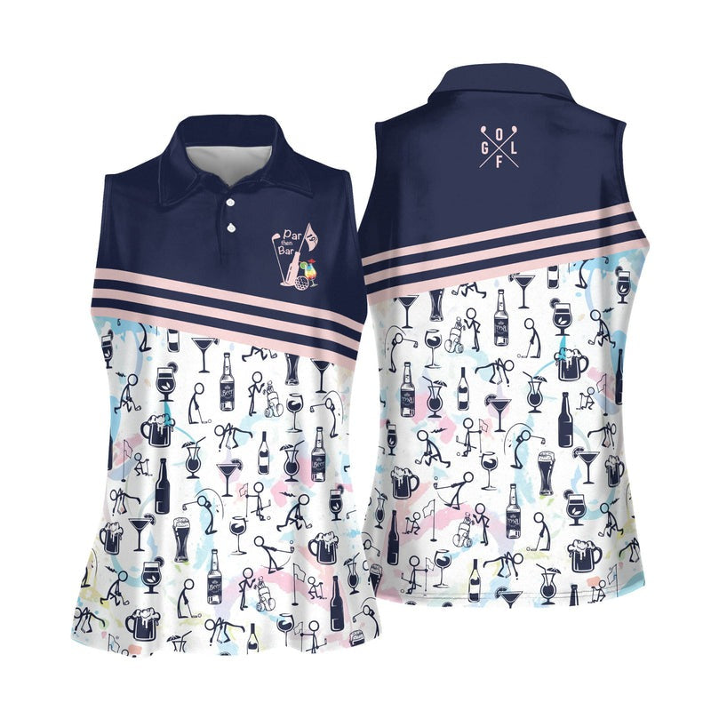 Par Then Bar Stickfigures Womens Sleeveless Golf Shirts, Women's Funny Golf Shirts, Custom Ladies Golf Shirt