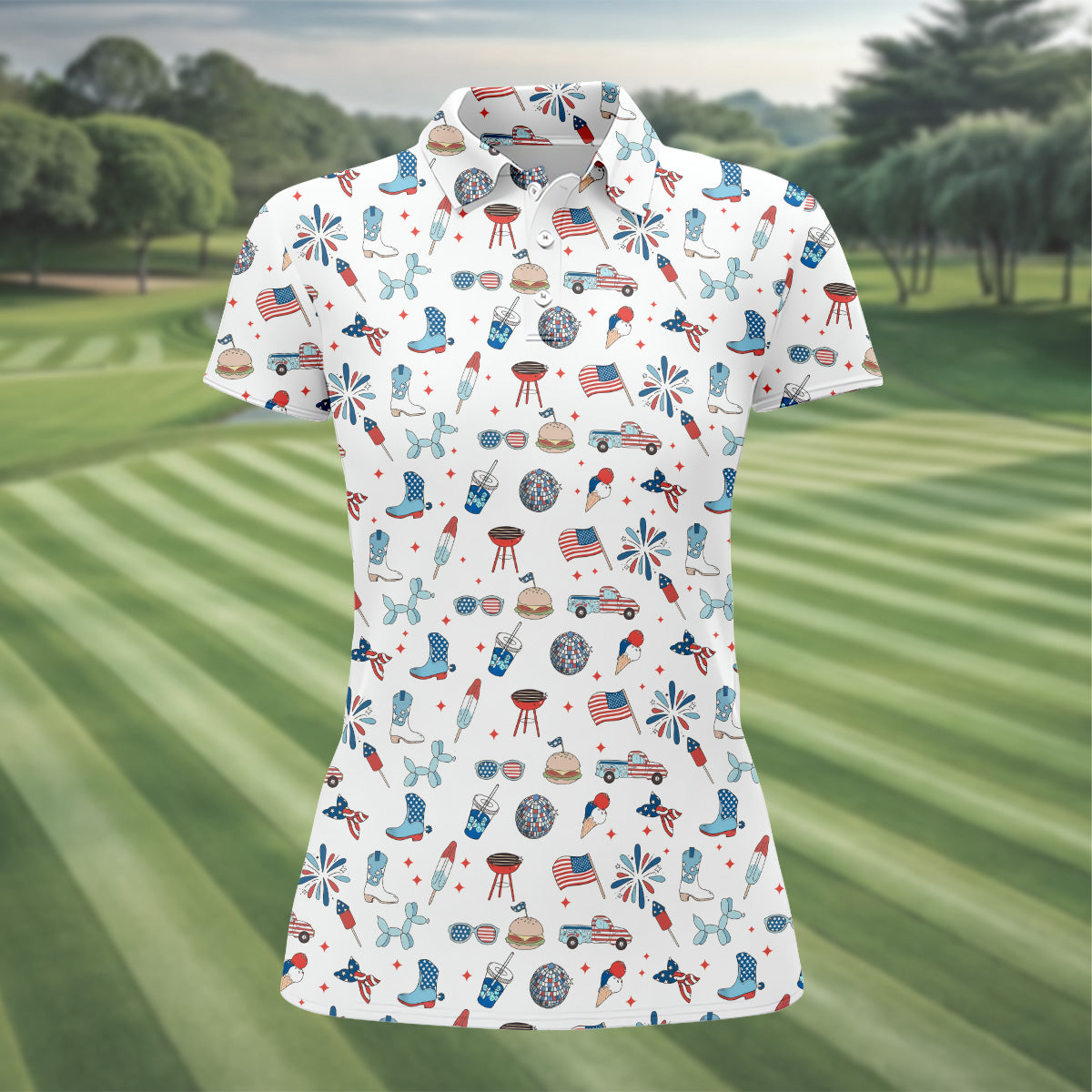 Red White and Blue Womens Golf Polo Shirt, Patriotic Golf Shirt, USA Golf Shirt, Custom Ladies Golf Shirt