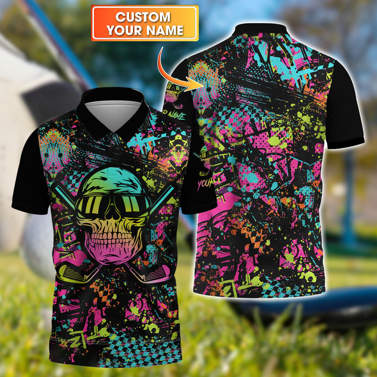 Skull Graffiti Custom Men's Golf Polo Shirt, Golfing Apparel, Mens Golf Gift