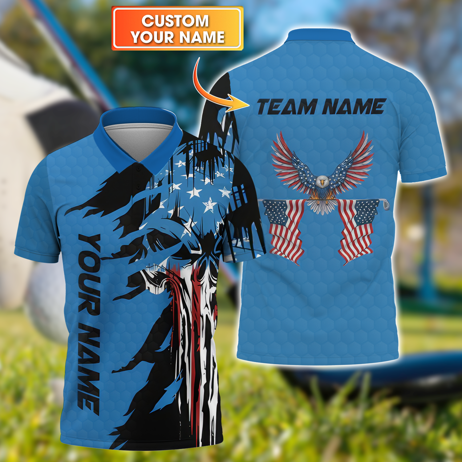Skull US Flag Blue Custom Men's Golf Polo Shirt, Golfing Apparel, Mens Golf Gift