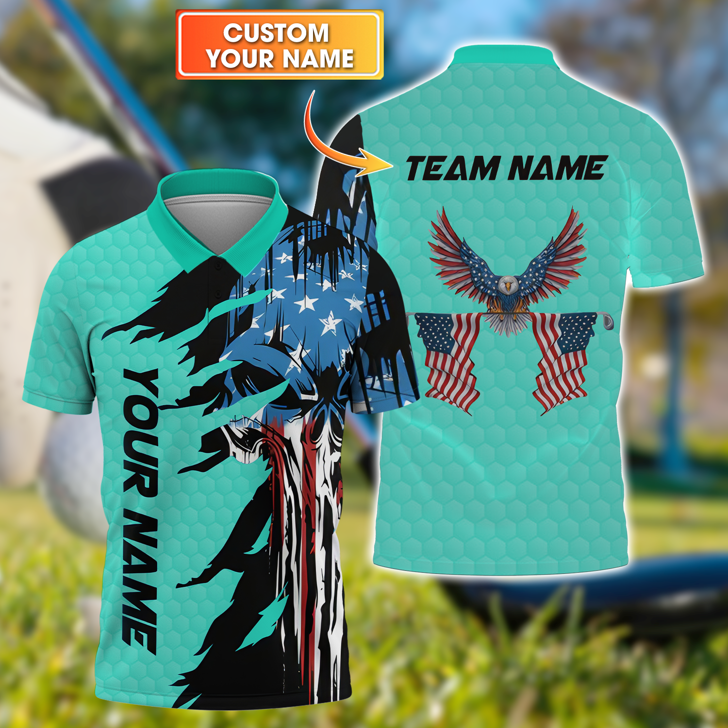Skull US Flag Cyan Custom Men's Golf Polo Shirt, Golfing Apparel, Mens Golf Gift