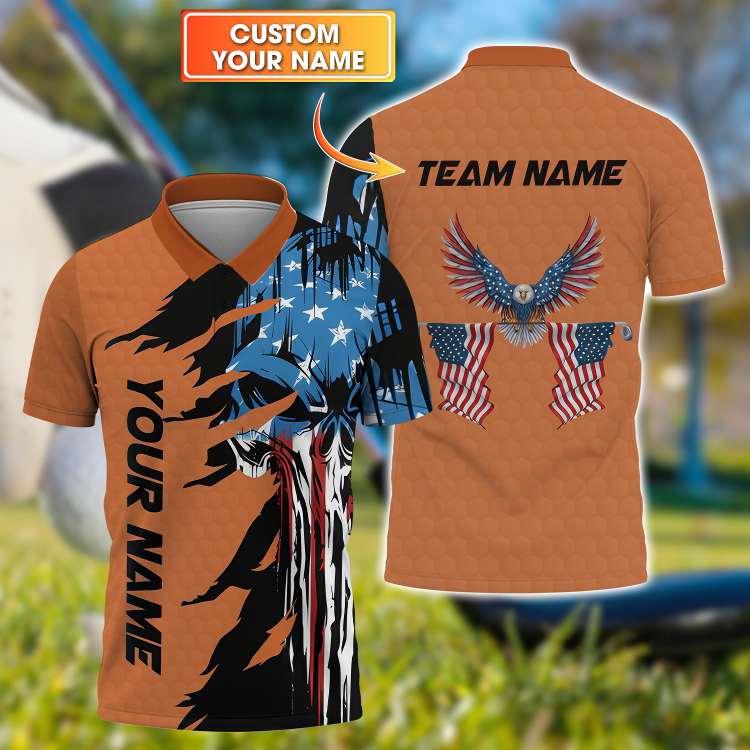 Skull US Flag Orange Custom Men's Golf Polo Shirt, Golfing Apparel, Mens Golf Gift