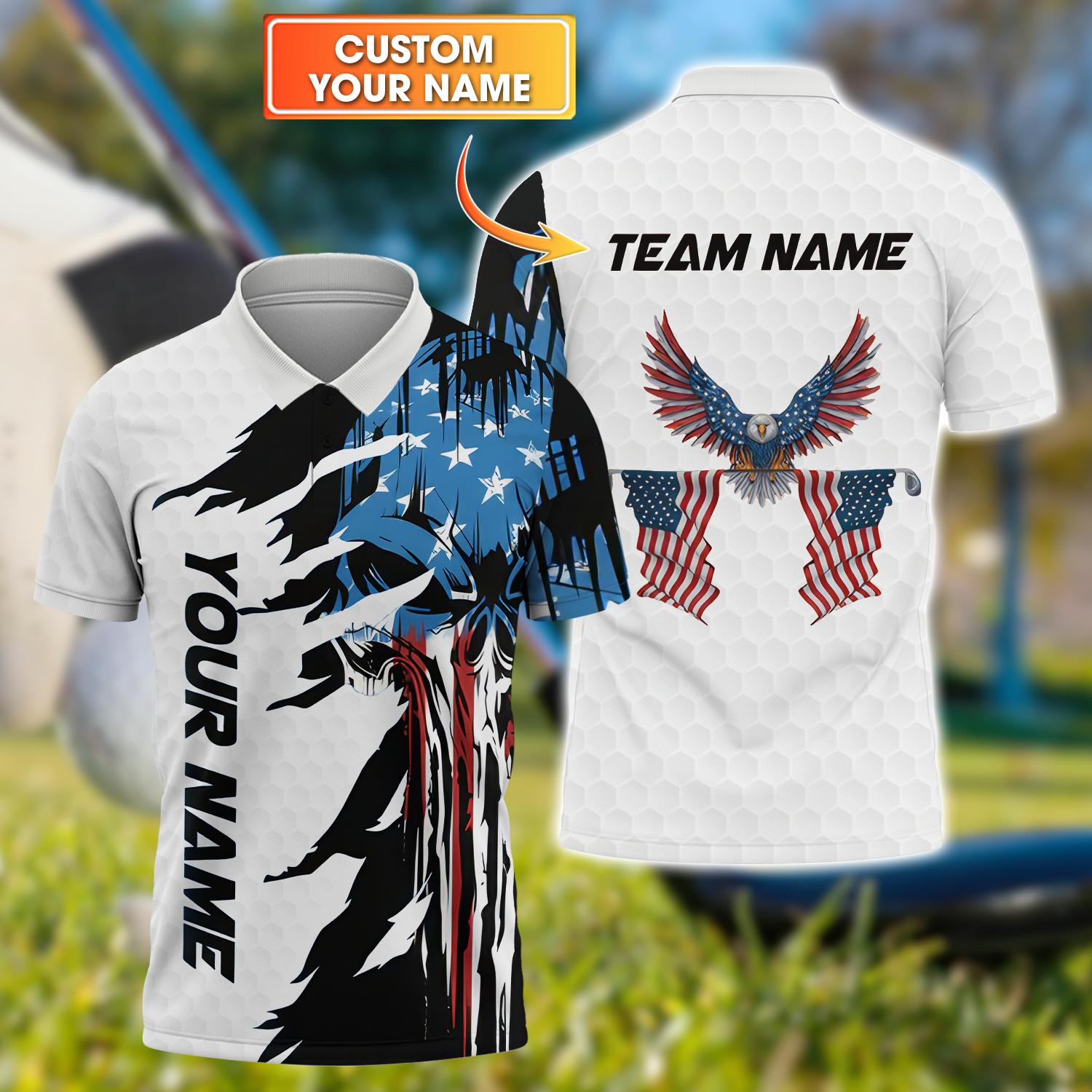 Skull US Flag White Custom Men's Golf Polo Shirt, Golfing Apparel, Mens Golf Gift