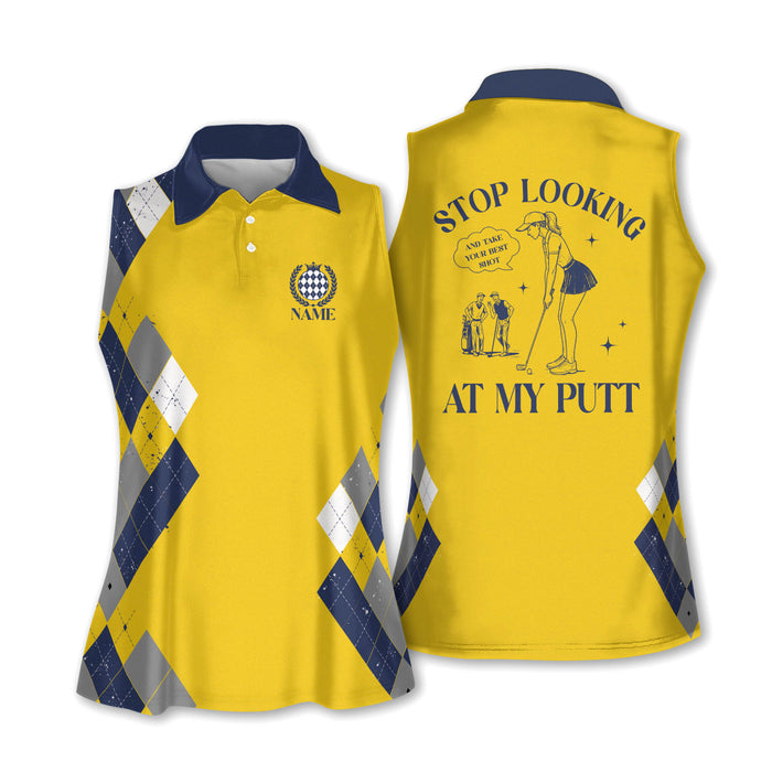 Stop Looking At My Putt Custom Sleeveless Womens Golf Tops, Funny Golf Shirts For Ladies