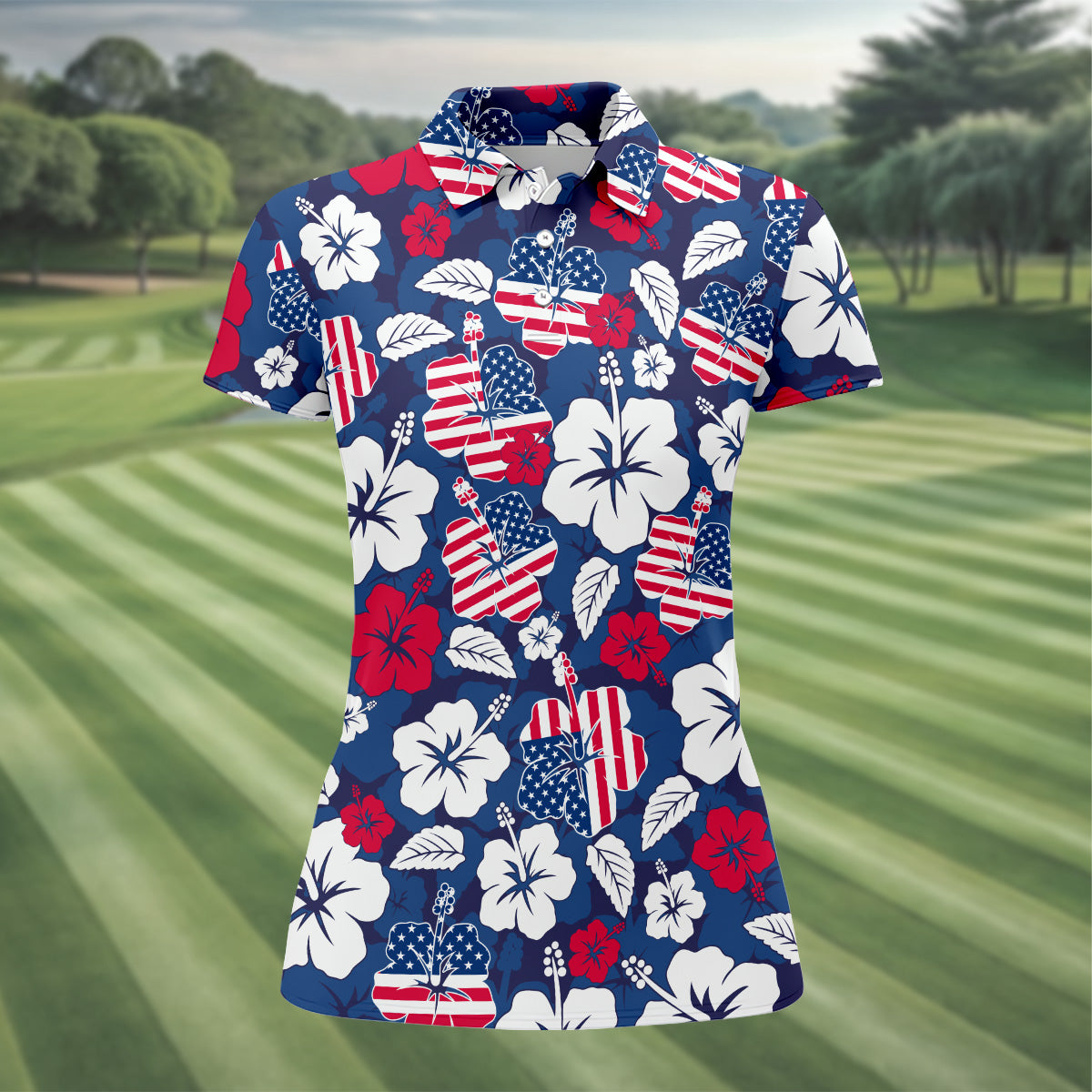 Tropical Hibiscus American Flag Womens Golf Polo Shirt,  Patriotic Golf Shirt, USA Golf Shirt Custom Ladies Golf Shirt